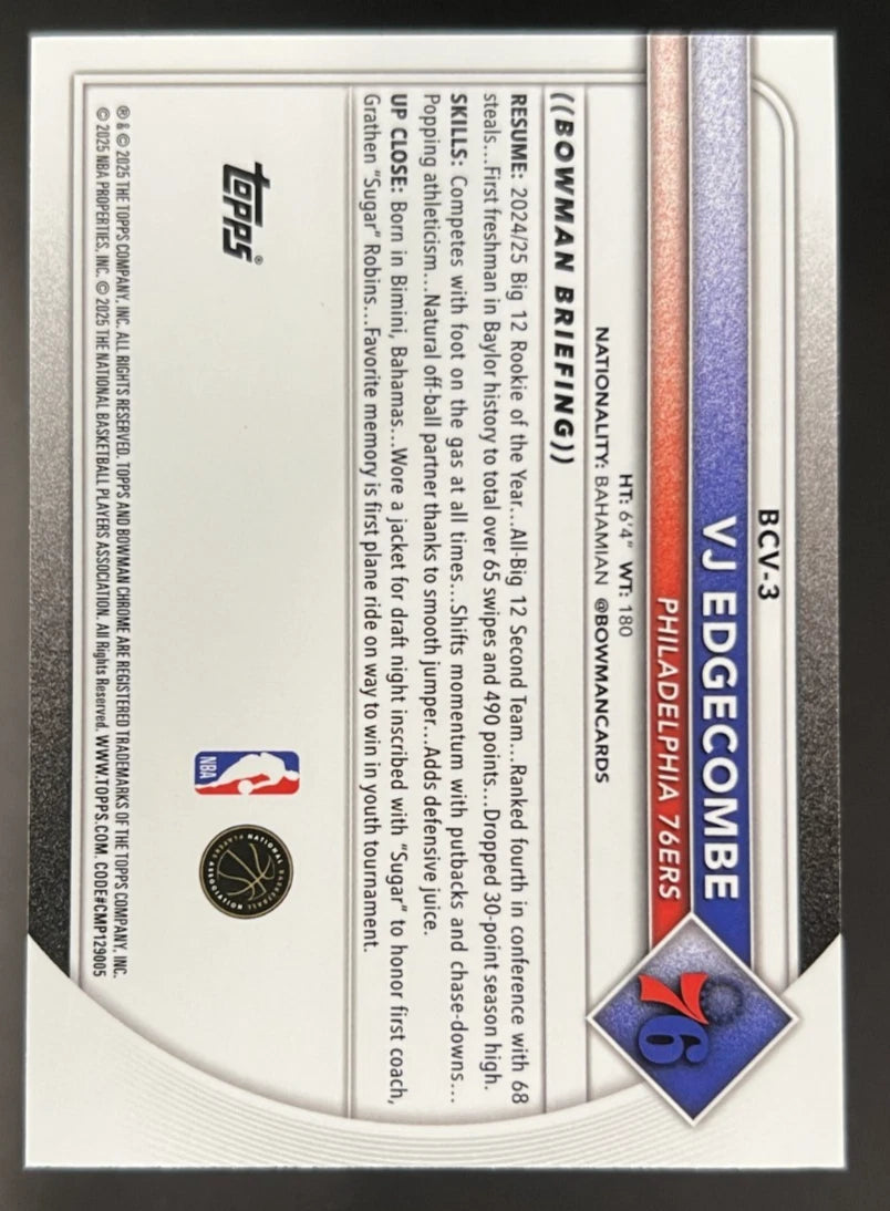 VJ Edgecombe 2025 Bowman Chrome #BCV-3 Green Geometric Refractor Rookie RC /99